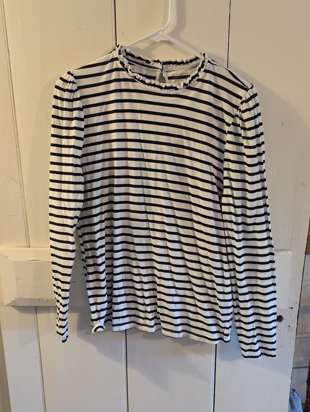 LOFT Black & White Striped Ruffle Neck  Tee